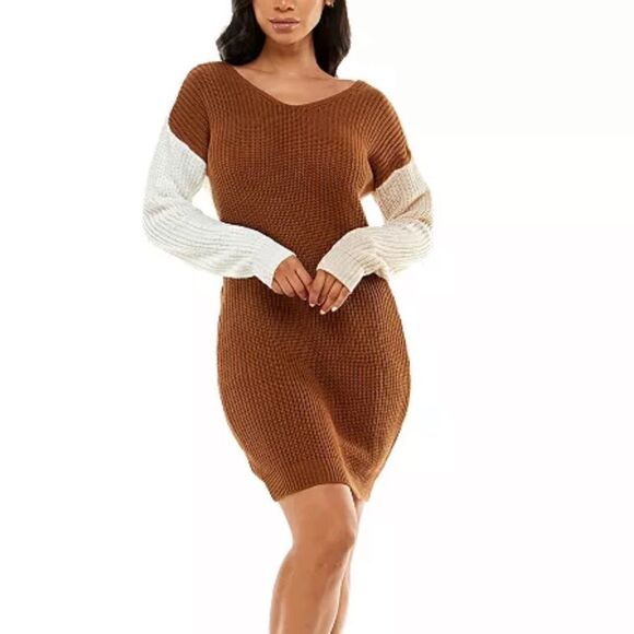 Crave Fame Juniors Colorblocked Reversible Sweater Dress Brown Cream NEW M - Picture 4 of 7